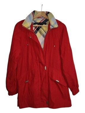 Fleet Street Red Hooded Rain Jacket Plaid Lined Utility Anorak Women Small